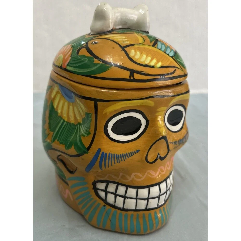 Sugar Skull Jar, Trinket Box With Lid Day of the Dead Mexico Light Orange